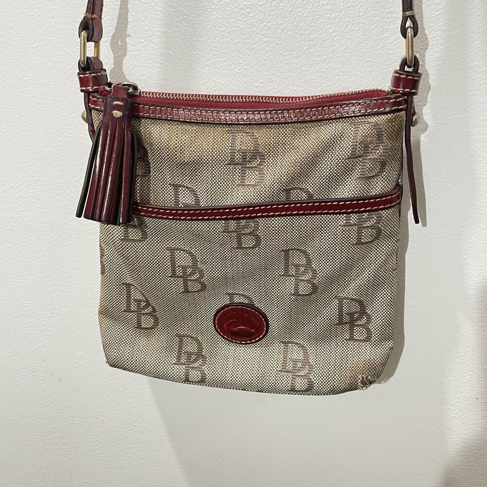 Dooney & Bourke Vintage DB Monogram Crossbody Bag Red Leather Trim Canvas Small